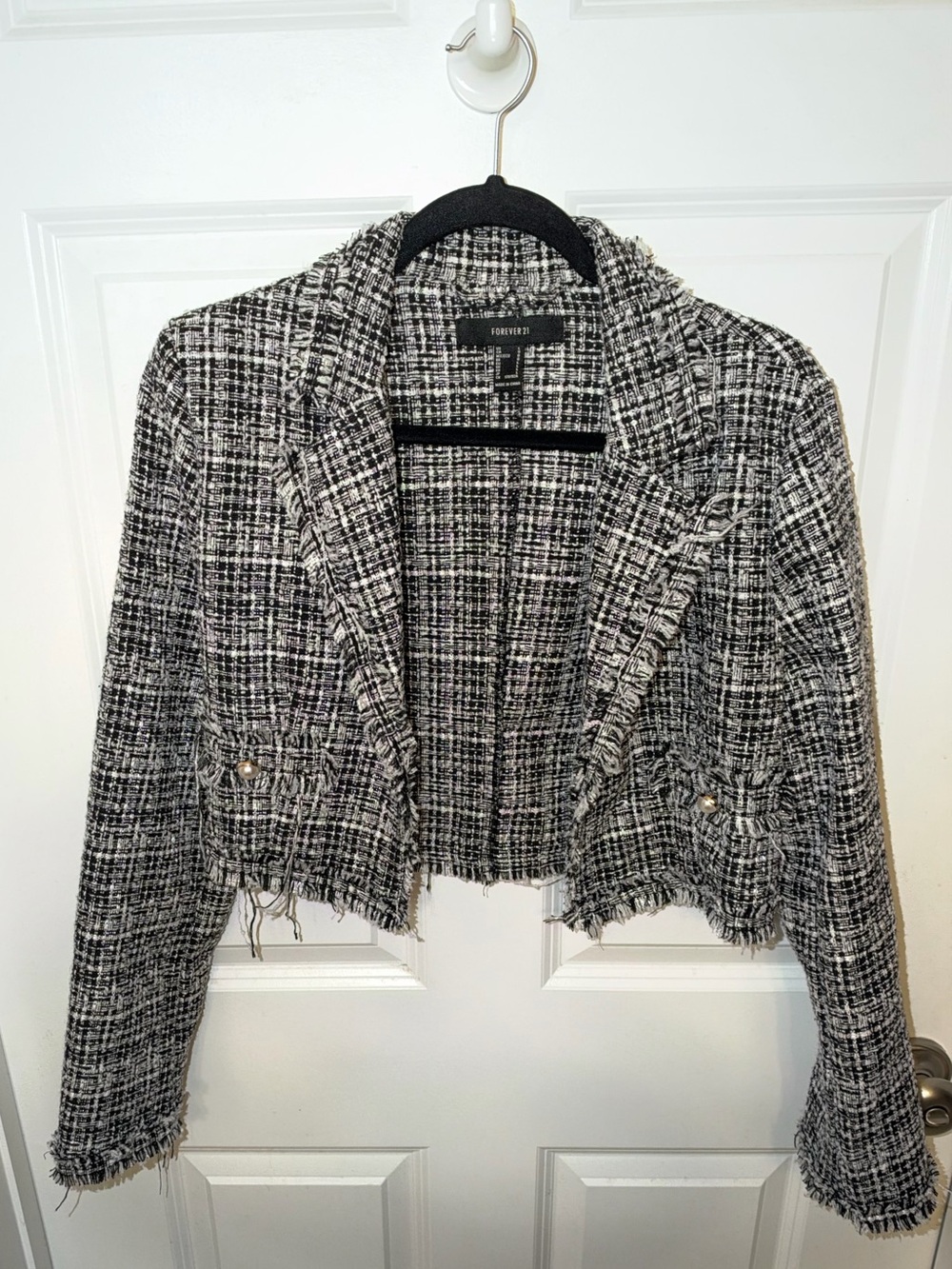 Forever 21 Black and White Tweed Frayed Cropped Blazer